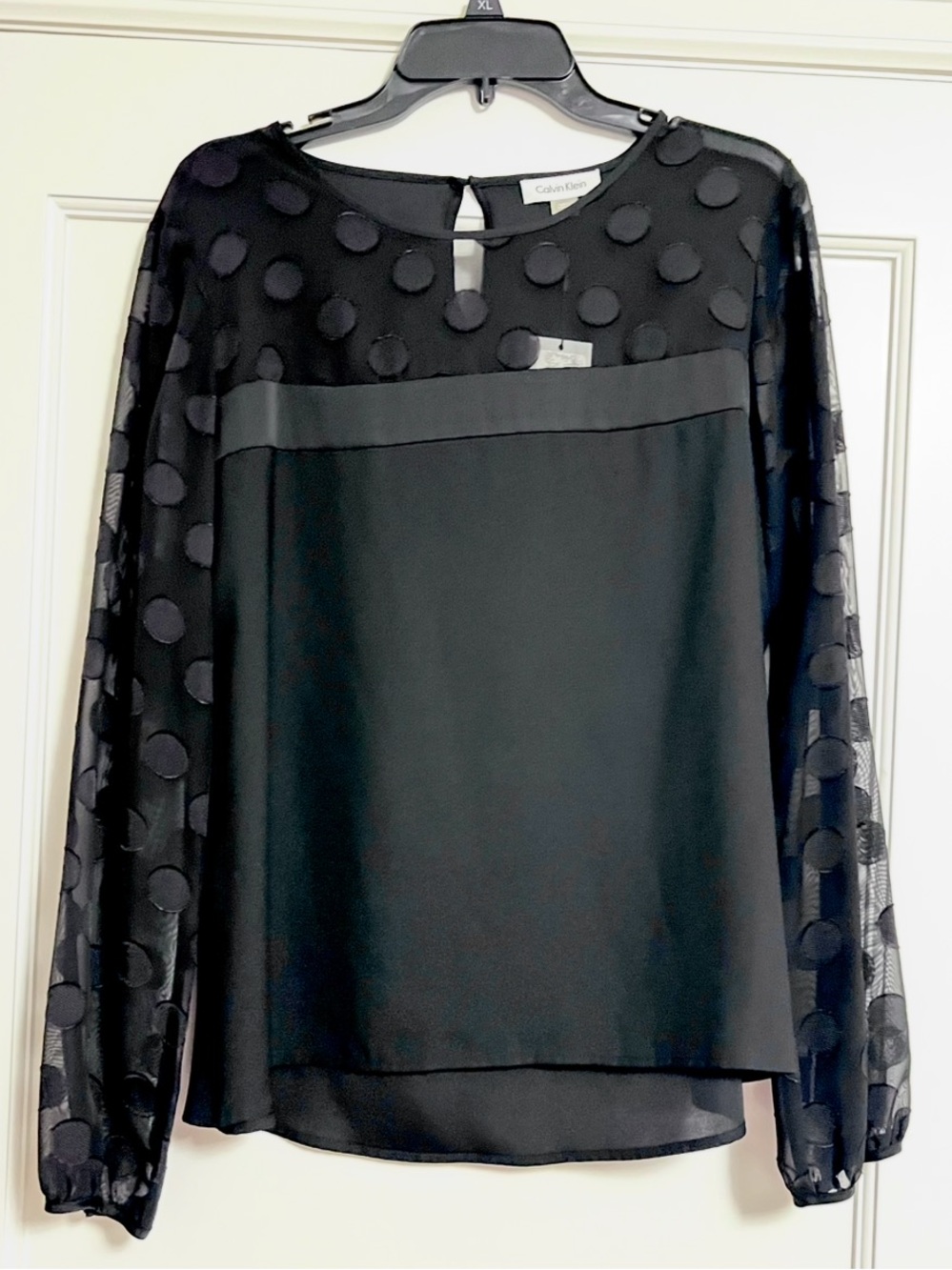 Calvin Klein Black Polka Dot Sheer Sleeve Blouse - Picture 3 of 9